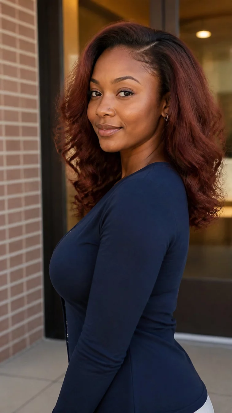 A side photo of a 23-year-old Black African woman with a oval face, deep brown, button nose, thin arched eyebrows, and thin lips. Her face features uneven eyebrows, light freckles, and subtle natural facial asymmetry. She has almond-shaped gray eyes, pronounced cheekbones, closed-mouth smile, confident. She is curvy and is wearing a navy blue cardigan with reddish-brown mahogany teasylights voluminous blowout hair, warm indoor lighting, outdoor