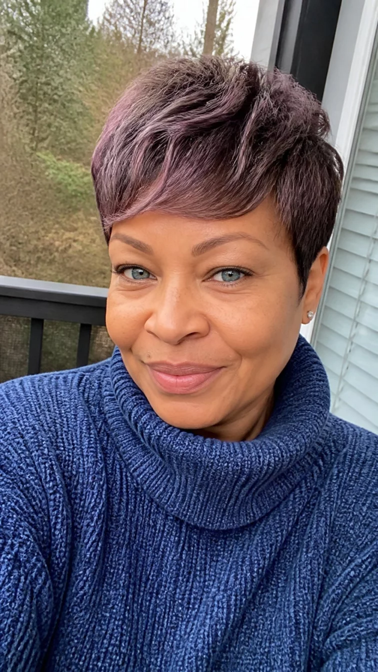selfie of a 49-year-old Afro-Caribbean woman with a square face, light, broad nose, thin arched eyebrows, and full lips. Her face features beauty mark near the lip, light freckles, and subtle natural facial asymmetry. She has upturned blue eyes, rounded cheeks, closed-mouth smile, playful. She is slim and is wearing a denim blue chunky knit sweater with dusty violet and ash brown muted mauve brown textured pixie hair, bright natural daylight, outdoor