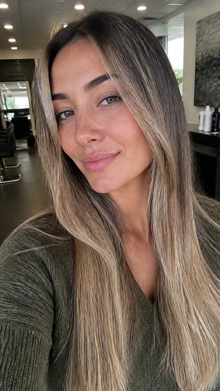 selfie of a 36-year-old Southern European woman with a oblong face, dark brown, narrow nose, feathered eyebrows, and full lips. Her face features uneven eyebrows, faint under-eye shadows, and subtle natural facial asymmetry. She has monolid gray eyes, rounded cheeks, closed-mouth smile, playful. She is slim and is wearing a olive green knit top with ashy blonde and cool tan smoked chai latte long straight hair, bright natural daylight, hair salon