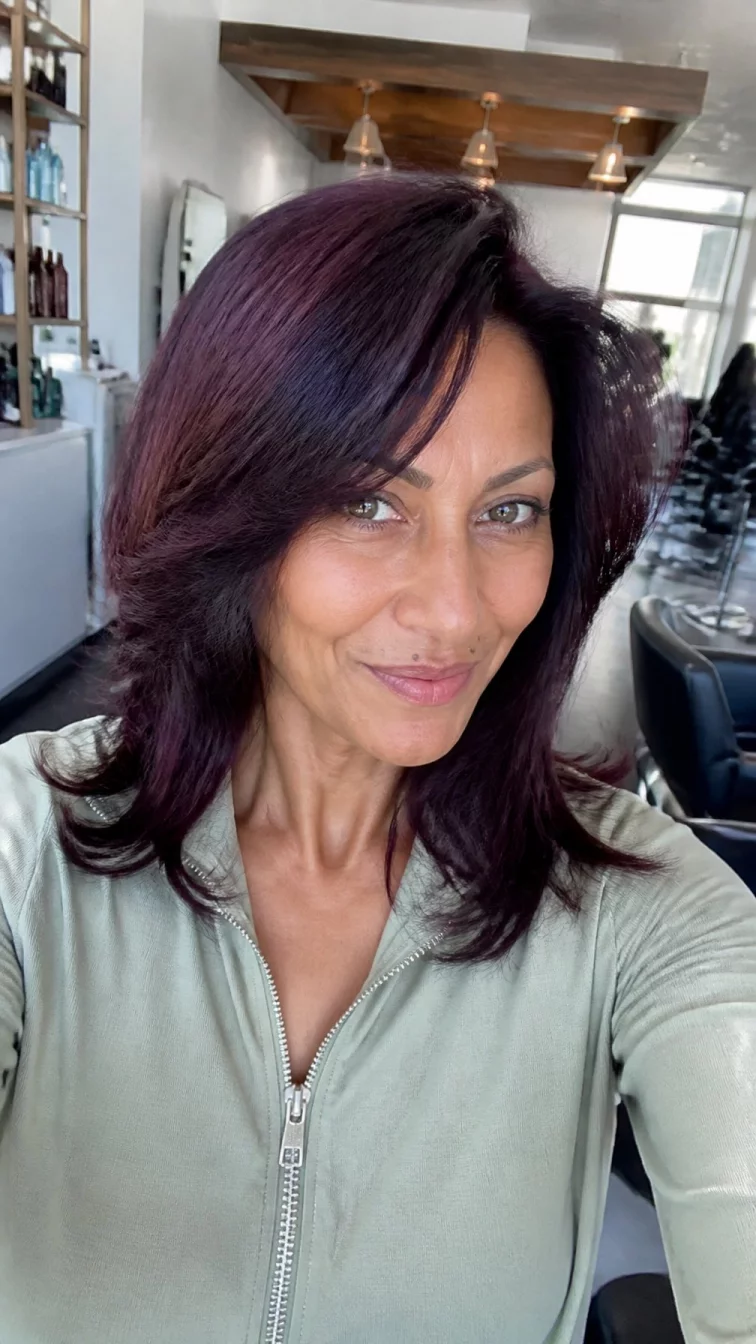 selfie of a 48-year-old South Asian woman with a square face, deep brown, straight nose, thin arched eyebrows, and thin lips. Her face features beauty mark near the lip, faint under-eye shadows, and subtle natural facial asymmetry. She has hooded gray eyes, pronounced cheekbones, broad smile, playful. She is average and is wearing a sage green quarter-zip pullover with deep purple blackberry sangria shaggy layers hair, bright natural daylight, hair salon
