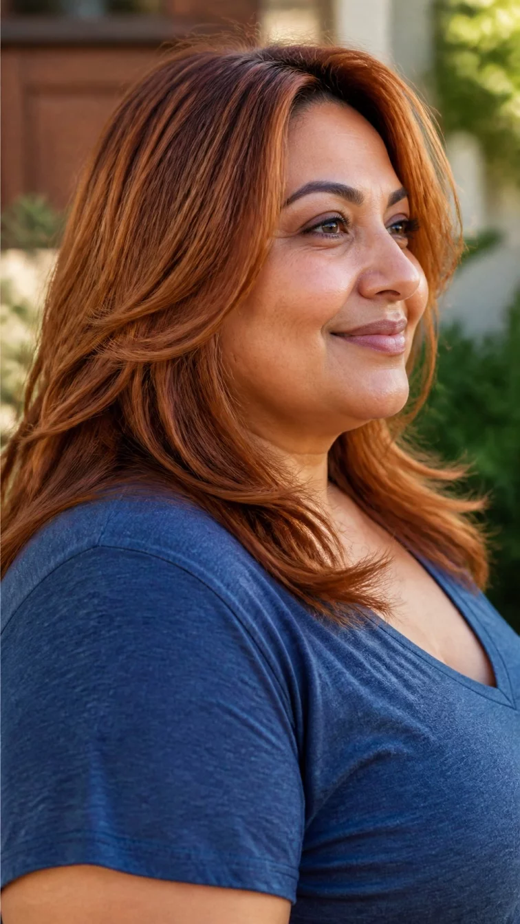 A side photo of a 48-year-old Middle Eastern woman with a heart-shaped face, olive, rounded nose, feathered eyebrows, and full lips. Her face features small scar on the eyebrow, light freckles, and subtle natural facial asymmetry. She has round hazel eyes, soft cheekbones, closed-mouth smile, cheerful. She is plus-size and is wearing a denim blue v-neck t-shirt with bright metallic orange copper penny melt face-framing layers hair, soft window light, outdoor
