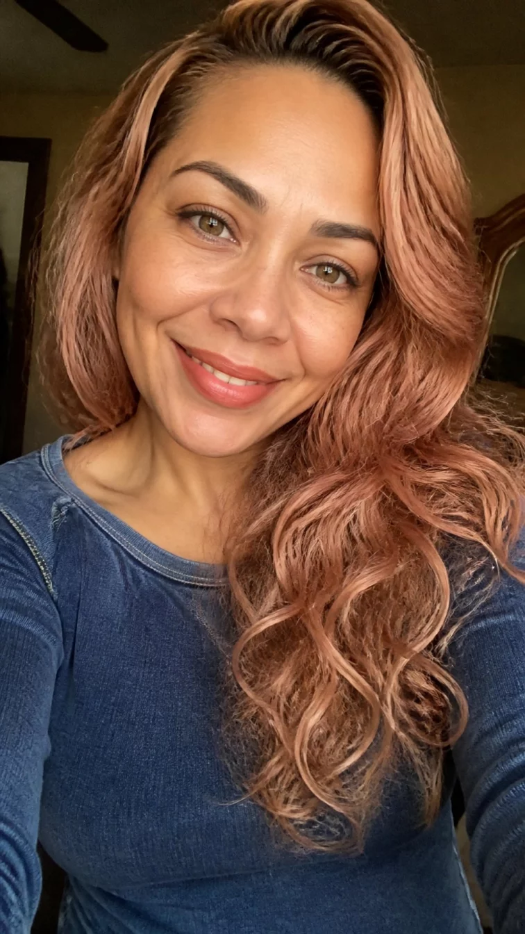 selfie of a 44-year-old Latina woman with a diamond face, light, rounded nose, thick natural eyebrows, and wide lips. Her face features uneven eyebrows, light freckles, and subtle natural facial asymmetry. She has hooded hazel eyes, soft cheekbones, broad smile, relaxed. She is slim and is wearing a denim blue long sleeve t-shirt with pinkish-copper rose gold quartz soft curls hair, warm indoor lighting, indoor