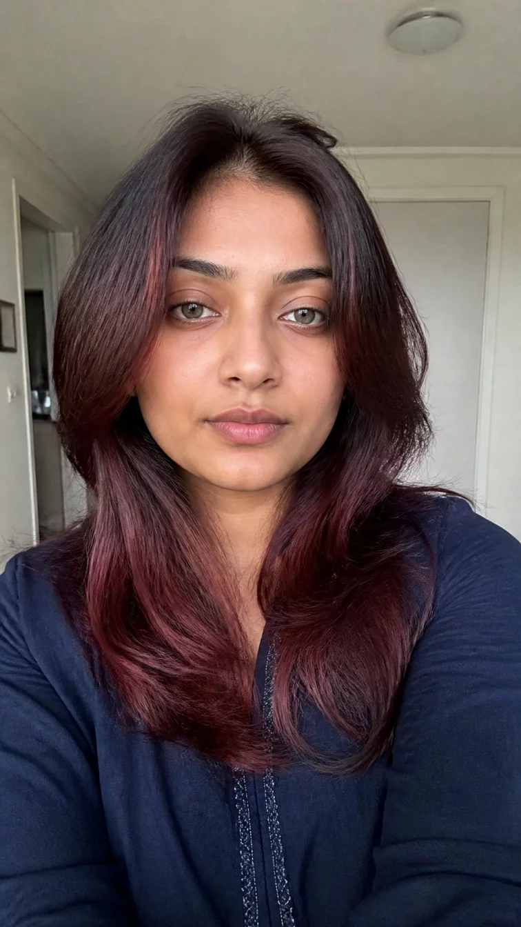 selfie of a 28-year-old South Asian woman with a oval face, dark brown, rounded nose, straight eyebrows, and thin lips. Her face features small scar on the eyebrow, slightly flushed cheeks, and subtle natural facial asymmetry. She has round gray eyes, high cheekbones, neutral expression, relaxed. She is petite and is wearing a navy blue tunic top with deep red and purple mulled wine burgundy layered mid-length hair, overcast daylight, indoor