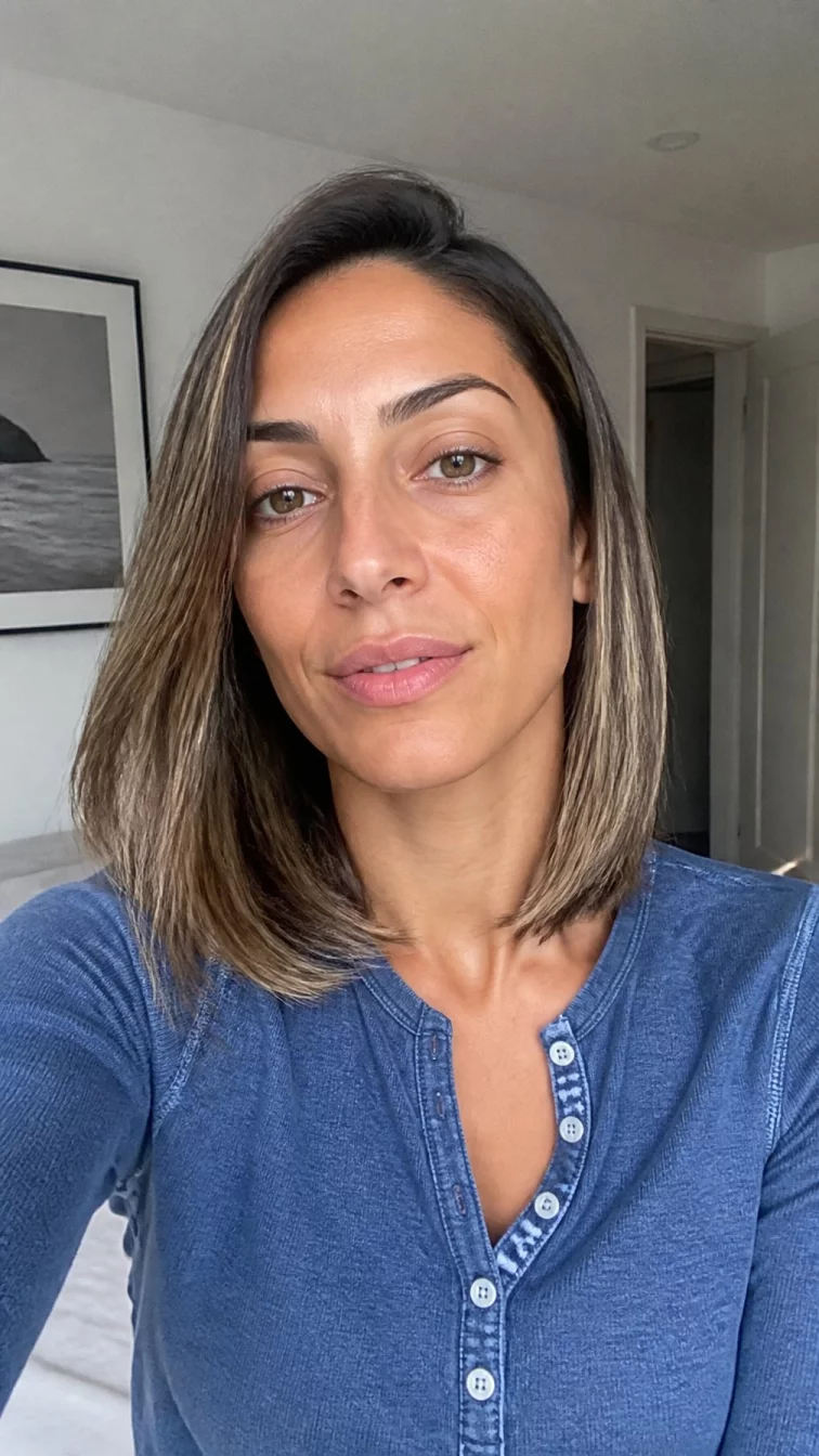 selfie of a 33-year-old Mediterranean woman with a square face, deep brown, straight nose, thin arched eyebrows, and full lips. Her face features gap between front teeth, faint under-eye shadows, and subtle natural facial asymmetry. She has hooded hazel eyes, soft cheekbones, neutral expression, playful. She is slim and is wearing a denim blue henley shirt with taupe and ash brown mushroom bronde straight shoulder-length hair, overcast daylight, indoor
