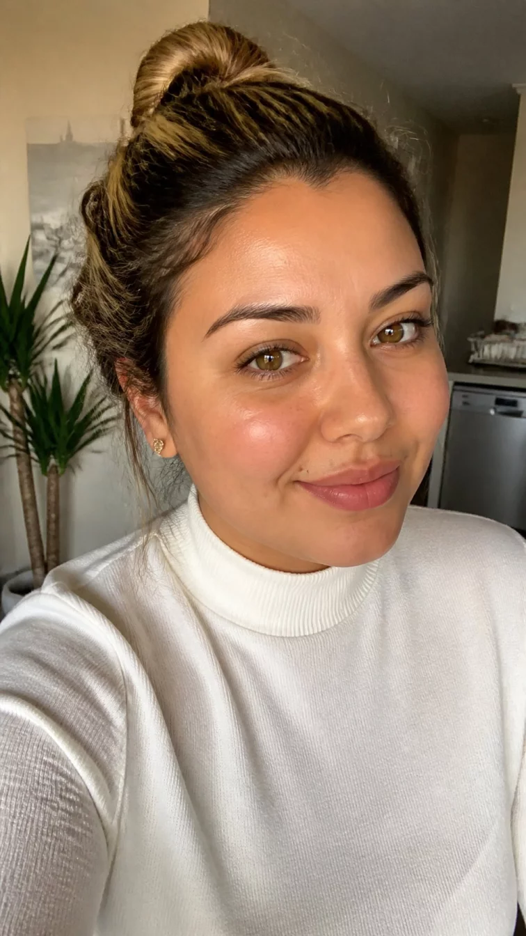selfie of a 26-year-old Southern European woman with a round face, tan, rounded nose, thin arched eyebrows, and wide lips. Her face features beauty mark near the lip, subtle acne marks, and subtle natural facial asymmetry. She has upturned amber eyes, rounded cheeks, closed-mouth smile, thoughtful. She is petite and is wearing a white mock neck sweater with greenish-gold olive oil blonde messy bun hair, warm indoor lighting, indoor