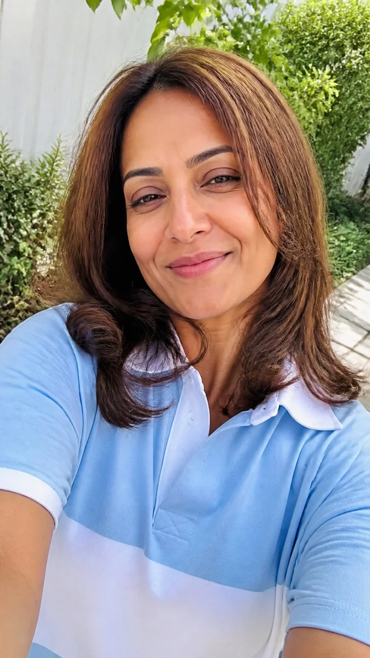 selfie of a 39-year-old South Asian woman with a pear-shaped face, golden brown, aquiline nose, softly curved eyebrows, and full lips. Her face features slightly crooked smile, a few laugh lines, and subtle natural facial asymmetry. She has downturned dark brown eyes, pronounced cheekbones, subtle smile, cheerful. She is slim and is wearing a baby blue rugby shirt with honey toasted pecan layered medium hair, bright natural daylight, outdoor