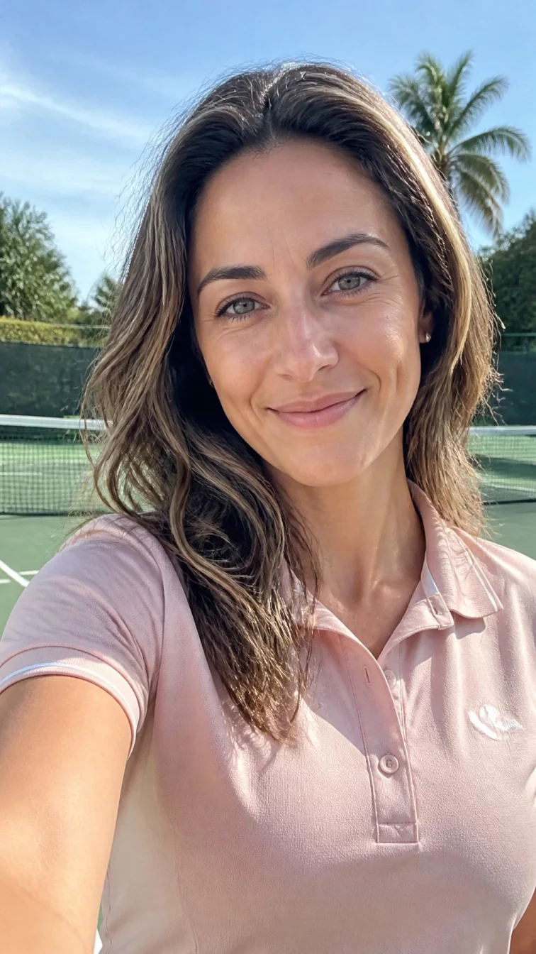 selfie of a 31-year-old Mediterranean woman with a oval face, fair, rounded nose, straight eyebrows, and thin lips. Her face features dimples, a few laugh lines, and subtle natural facial asymmetry. She has almond-shaped gray eyes, rounded cheeks, closed-mouth smile, cheerful. She is slim and is wearing a blush pink tennis polo with soft sandstone highlights beachy waves, soft window light, outdoor