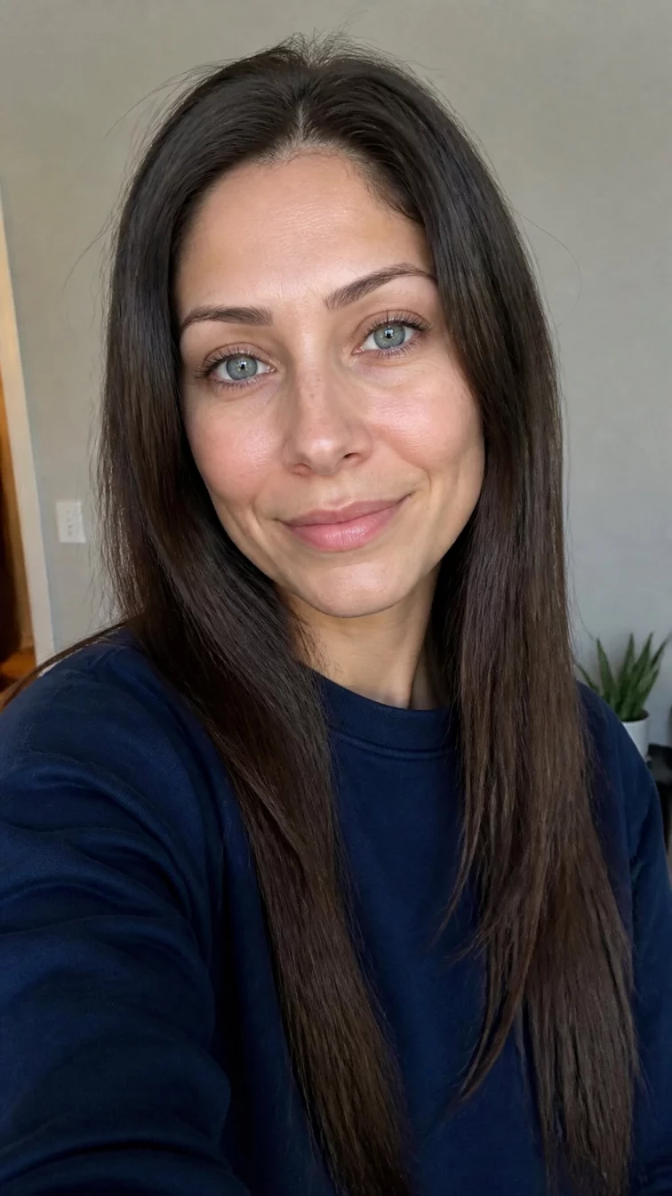 selfie of a 35-year-old Latina woman with a diamond face, fair, rounded nose, feathered eyebrows, and thin lips. Her face features slightly crooked smile, a few laugh lines, and subtle natural facial asymmetry. She has deep-set blue eyes, high cheekbones, closed-mouth smile, relaxed. She is petite and is wearing a navy blue crewneck sweatshirt with smoked walnut long straight hair, soft window light, indoor