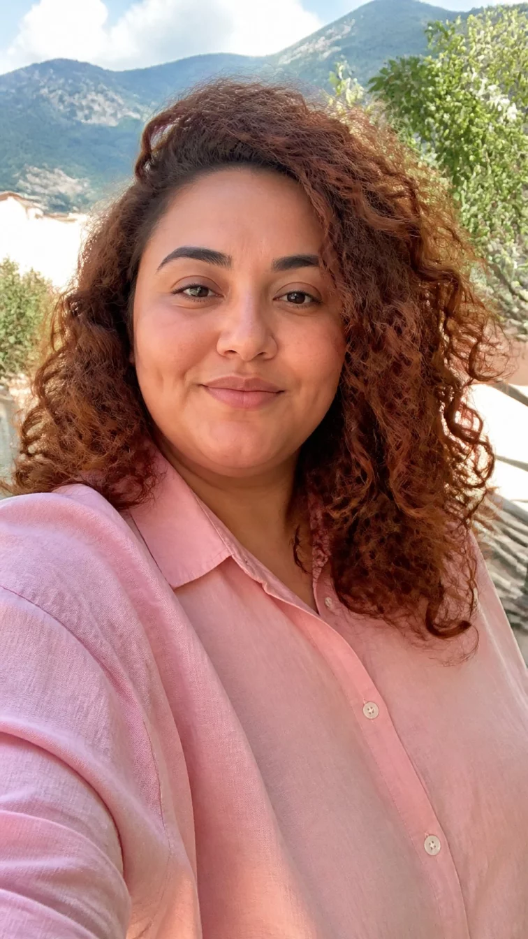 selfie of a 30-year-old Middle Eastern woman with a diamond face, deep brown, rounded nose, softly curved eyebrows, and heart-shaped lips. Her face features dimples, a few laugh lines, and subtle natural facial asymmetry. She has monolid brown eyes, soft cheekbones, neutral expression, cheerful. She is plus-size and is wearing a blush pink linen shirt with burnt sienna copper voluminous curls, bright natural daylight, outdoor