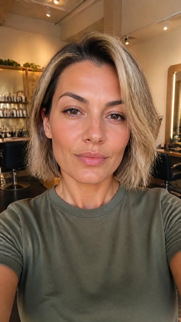 selfie of a 32-year-old Southern European woman with a square face, tan, straight nose, feathered eyebrows, and full lips. Her face features widow's peak hairline, a few laugh lines, and subtle natural facial asymmetry. She has hooded dark brown eyes, high cheekbones, neutral expression, relaxed. She is petite and is wearing a olive green basic crew neck t-shirt with creamy oat blonde bob hair, warm indoor lighting, hair salon