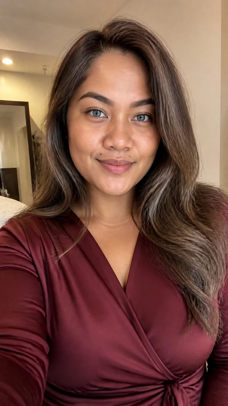 selfie of a 30-year-old Southeast Asian woman with a square face, deep brown, broad nose, thick natural eyebrows, and full lips. Her face features beauty mark near the lip, faint under-eye shadows, and subtle natural facial asymmetry. She has upturned blue eyes, pronounced cheekbones, closed-mouth smile, confident. She is average and is wearing a burgundy wrap blouse with muted mauve brown long layered hair, warm indoor lighting, indoor