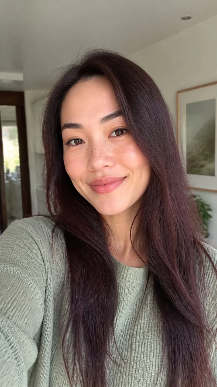 selfie of a 34-year-old East Asian woman with a heart-shaped face, fair, rounded nose, thin arched eyebrows, and wide lips. Her face features faint freckles across the nose, light freckles, and subtle natural facial asymmetry. She has round hazel eyes, soft cheekbones, subtle smile, confident. She is athletic and is wearing a sage green sweater with midnight mulberry long silky hair, bright natural daylight, indoor