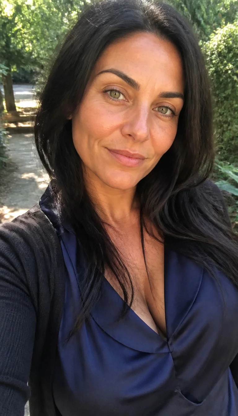 selfie of a 38-year-old Eastern European woman with a oval face, tan, broad nose, thick natural eyebrows, and thin lips. Her face features dimples, a few laugh lines, and subtle natural facial asymmetry. She has almond-shaped green eyes, high cheekbones, neutral expression, cheerful. She is curvy and is wearing a navy blue satin blouse with deep plum black long layers, bright natural daylight, outdoor