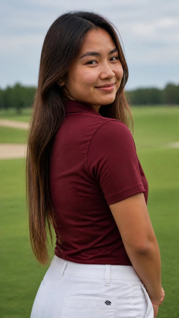 A back photo of a 34-year-old Southeast Asian woman with a square face, deep brown, rounded nose, thick natural eyebrows, and full lips. Her face features small scar on the eyebrow, slightly flushed cheeks, and subtle natural facial asymmetry. She has monolid amber eyes, soft cheekbones, broad smile, relaxed. She is slim and is wearing a burgundy golf polo with iced mocha straight waist-length hair, soft window light, outdoor