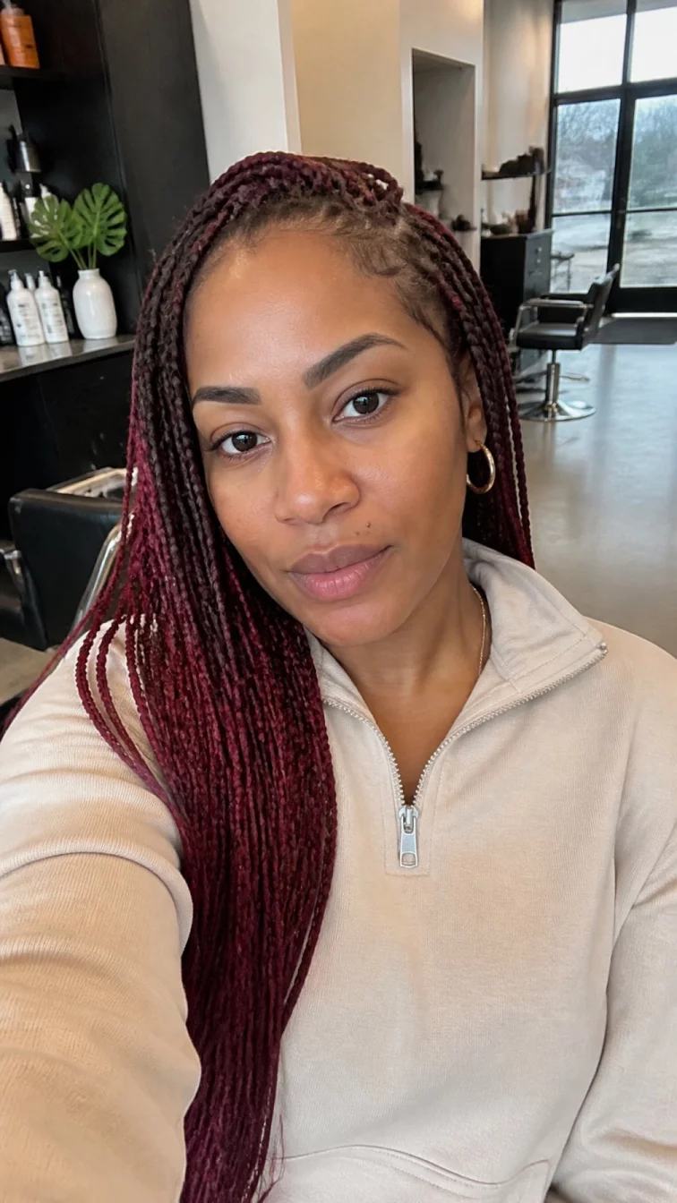 selfie of a 30-year-old Afro-Caribbean woman with a diamond face, dark brown, aquiline nose, straight eyebrows, and wide lips. Her face features beauty mark near the lip, a few laugh lines, and subtle natural facial asymmetry. She has downturned brown eyes, soft cheekbones, neutral expression, confident. She is average and is wearing a beige quarter-zip pullover with rich mahogany braids, overcast daylight, hair salon