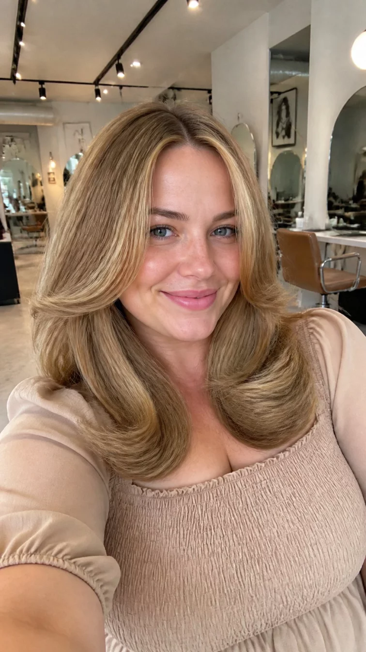 selfie of a 31-year-old Northern European woman with a square face, fair, straight nose, thin arched eyebrows, and wide lips. Her face features dimples, light freckles, and subtle natural facial asymmetry. She has downturned blue eyes, high cheekbones, broad smile, playful. She is curvy and is wearing a beige smocked blouse with golden amber glow bouncy blowout hair, bright natural daylight, hair salon