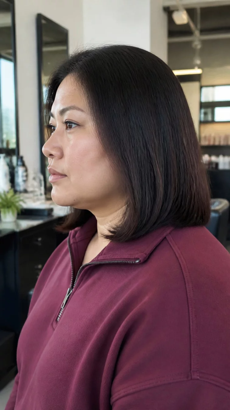 A side photo of a 36-year-old Southeast Asian woman with a round face, dark brown, aquiline nose, straight eyebrows, and thin lips. Her face features faint freckles across the nose, light freckles, and subtle natural facial asymmetry. She has monolid gray eyes, high cheekbones, neutral expression, thoughtful. She is plus-size and is wearing a burgundy quarter-zip pullover with velvet espresso blunt cut hair, bright natural daylight, hair salon