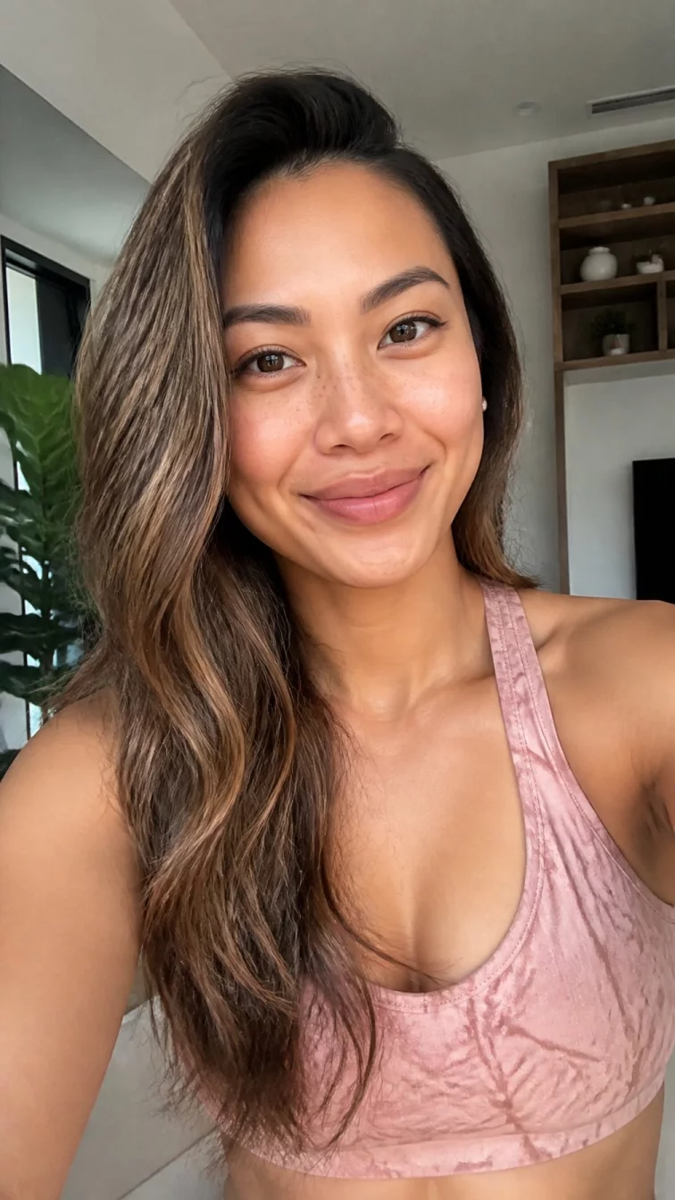 selfie of a 30-year-old Southeast Asian woman with a oval face, light, narrow nose, thick natural eyebrows, and heart-shaped lips. Her face features faint freckles across the nose, a few laugh lines, and subtle natural facial asymmetry. She has upturned hazel eyes, rounded cheeks, closed-mouth smile, cheerful. She is athletic and is wearing a blush pink activewear top with toffee nut streaks long wavy hair, bright natural daylight, indoor