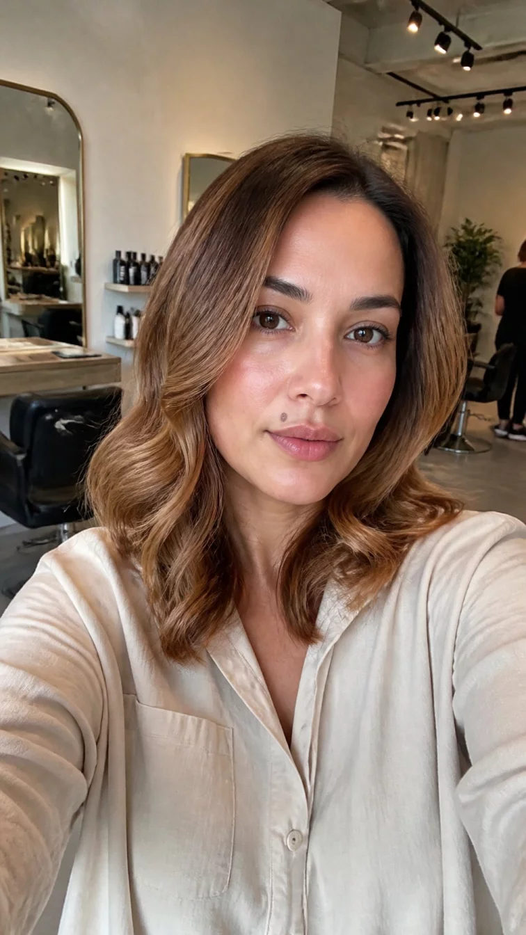 selfie of a 32-year-old Southern European woman with a round face, dark brown, straight nose, feathered eyebrows, and full lips. Her face features beauty mark near the lip, visible pores, and subtle natural facial asymmetry. She has round dark brown eyes, high cheekbones, neutral expression, relaxed. She is average and is wearing a beige oversized button-up shirt with apricot gold shoulder length curls, soft window light, hair salon