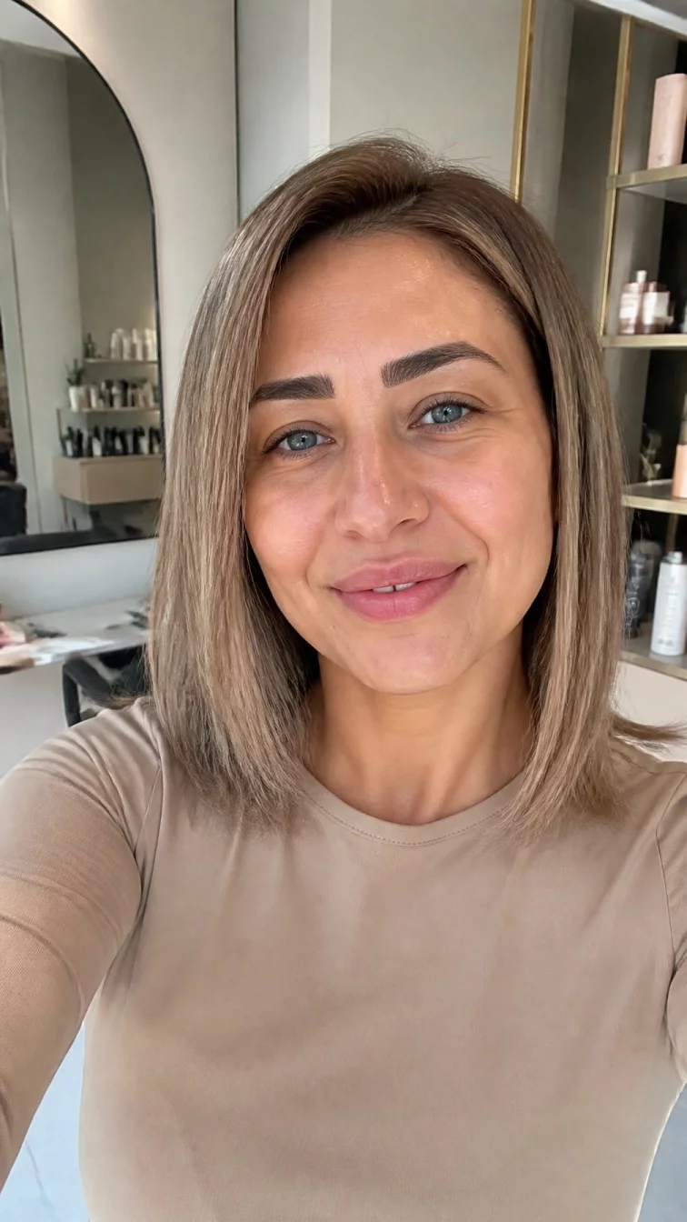 selfie of a 38-year-old Middle Eastern woman with a round face, olive, straight nose, thick natural eyebrows, and full lips. Her face features gap between front teeth, a few laugh lines, and subtle natural facial asymmetry. She has monolid blue eyes, rounded cheeks, closed-mouth smile, thoughtful. She is slim and is wearing a beige long sleeve t-shirt with praline blonde sleek lob hair, bright natural daylight, hair salon