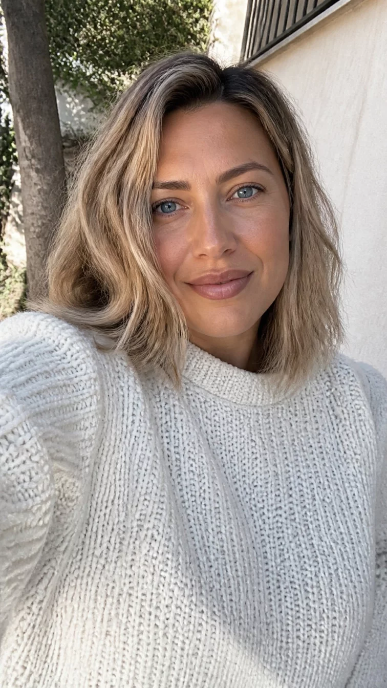 selfie of a 39-year-old Mediterranean woman with a round face, golden brown, aquiline nose, straight eyebrows, and wide lips. Her face features uneven eyebrows, subtle acne marks, and subtle natural facial asymmetry. She has round blue eyes, soft cheekbones, subtle smile, confident. She is curvy and is wearing a white chunky knit sweater with mushroom blonde wavy lob hair, soft window light, outdoor