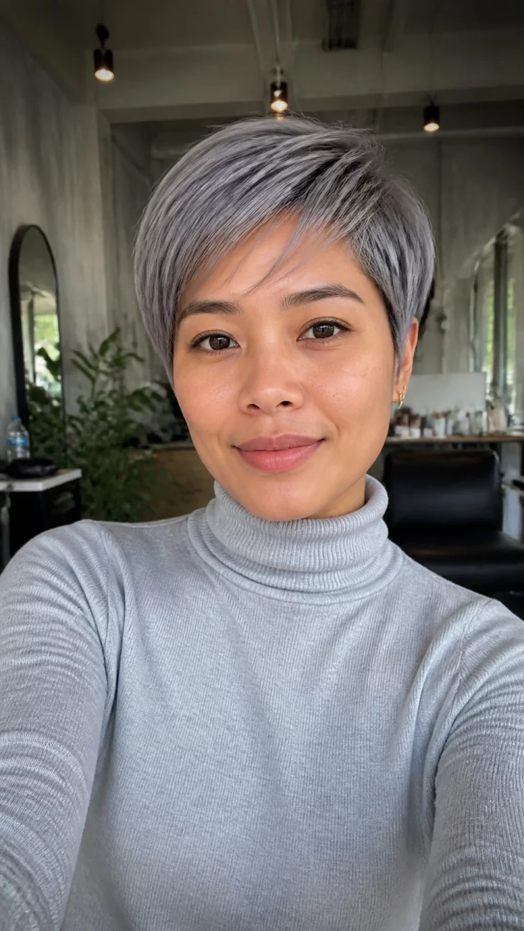selfie of a 34-year-old Southeast Asian woman with a square face, golden brown, broad nose, softly curved eyebrows, and wide lips. Her face features slightly crooked smile, light freckles, and subtle natural facial asymmetry. She has monolid brown eyes, high cheekbones, subtle smile, thoughtful. She is slim and is wearing a light gray turtleneck sweater with cool smoke gray pixie cut hair, soft window light, hair salon