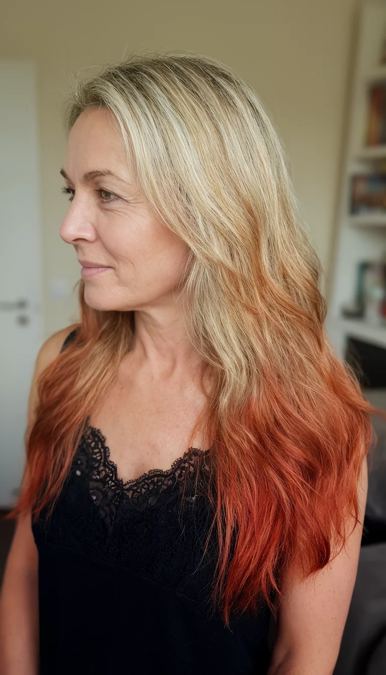 Copper Sunset Ombre casual photo of a 43-year-old woman wearing a black lace trimmed top with a blonde and copper colored blonde and copper ombre hair hairstyle, side view, indoor background