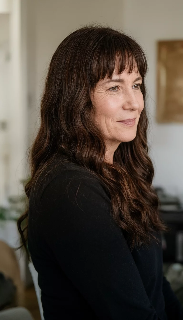 Raven Bangs And Waves casual photo of a 40-year-old woman wearing a black long sleeve shirt with a dark brown colored long wavy dark brown hair with bangs hairstyle, side view, indoor lighting background