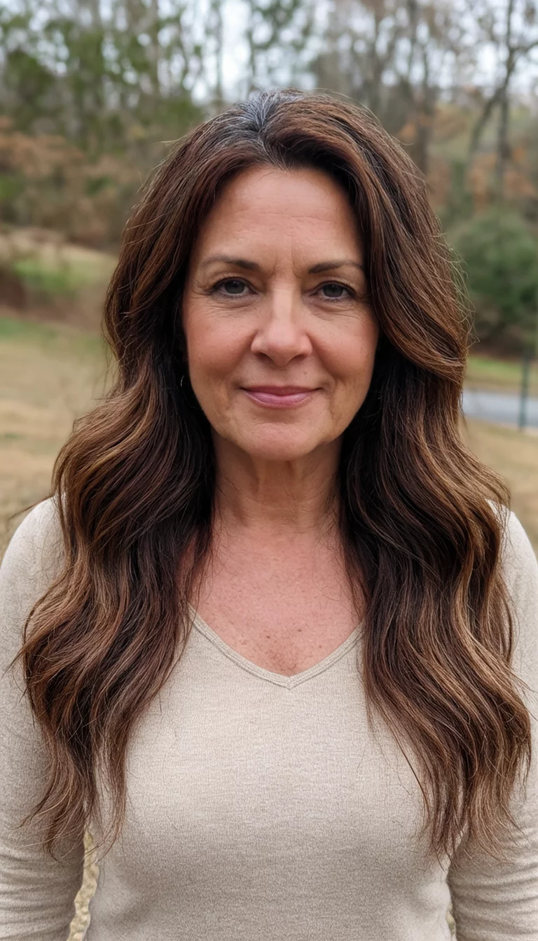 Chocolate Waterfall Waves casual photo of a 47-year-old woman wearing a neutral top with a multi shade brown colored long wavy brown hair hairstyle, front view, outdoor background