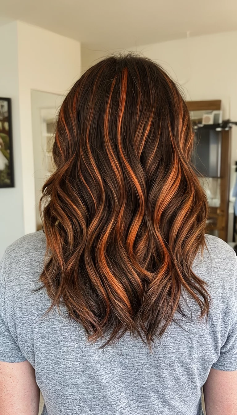 Copper Penny Ribbons casual photo of a 45-year-old woman wearing a grey top with a brown and copper colored wavy brown hair with copper highlights hairstyle, back view, indoor background