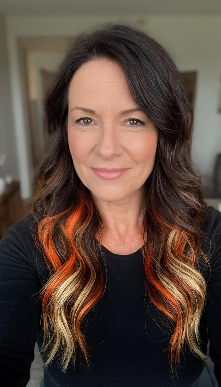 Tiger Eye Highlights selfie of a 42-year-old woman wearing a black top with a dark brown, orange, and blonde colored long wavy dark brown hair hairstyle, front view, indoor background