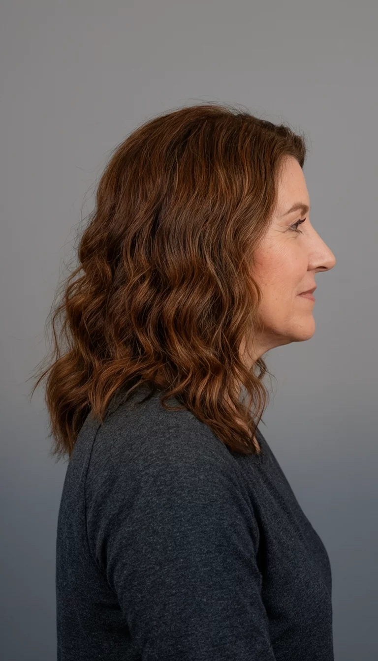 Dual Depth Grey Profile casual photo of a 43-year-old woman wearing a dark grey shirt with a brown wavy colored brown wavy hair hairstyle, side view, grey background