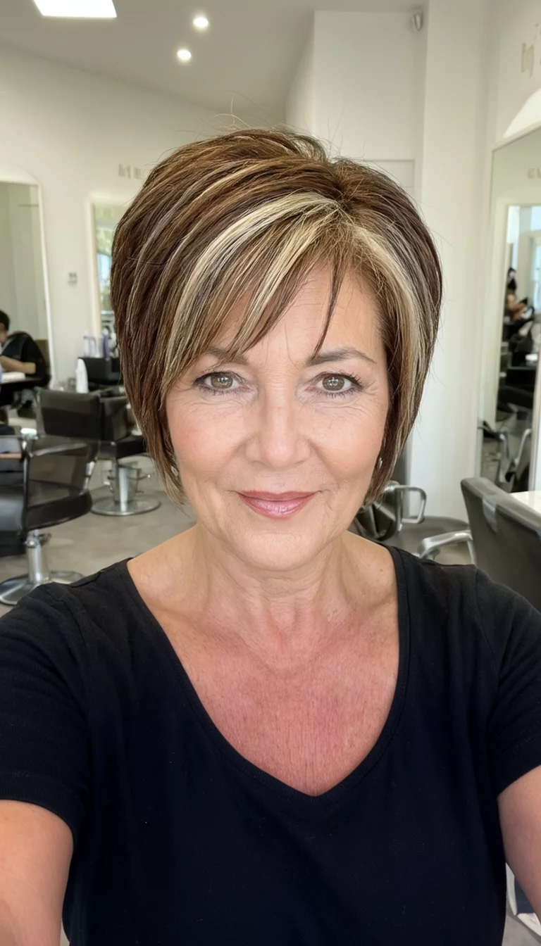 Layered Honey Short Cut selfie of a 49-year-old woman wearing a black top with a brown and blonde highlights colored short layered brown hair hairstyle, front view, salon background