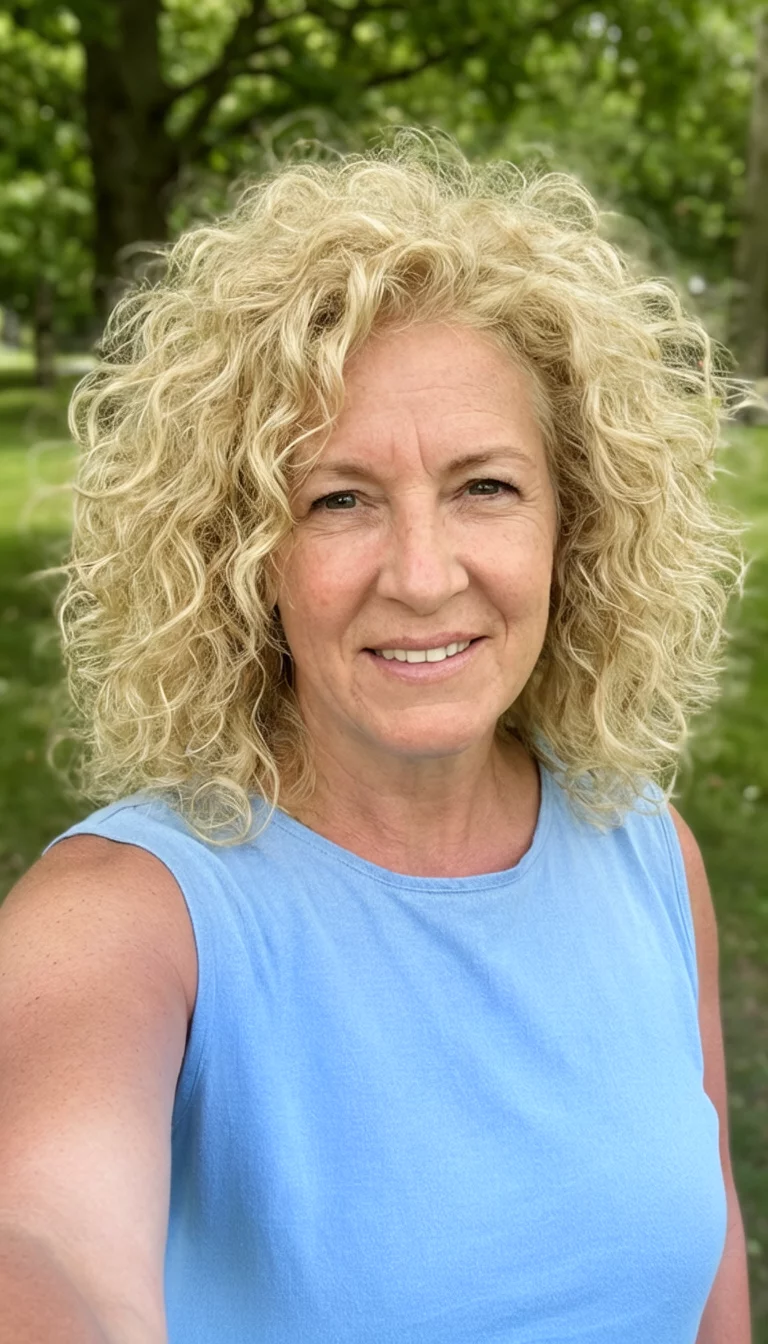 Golden Hour Curls selfie of a 48-year-old woman wearing a light blue sleeveless top with a blonde colored voluminous curly blonde hair hairstyle, front view, outdoor background