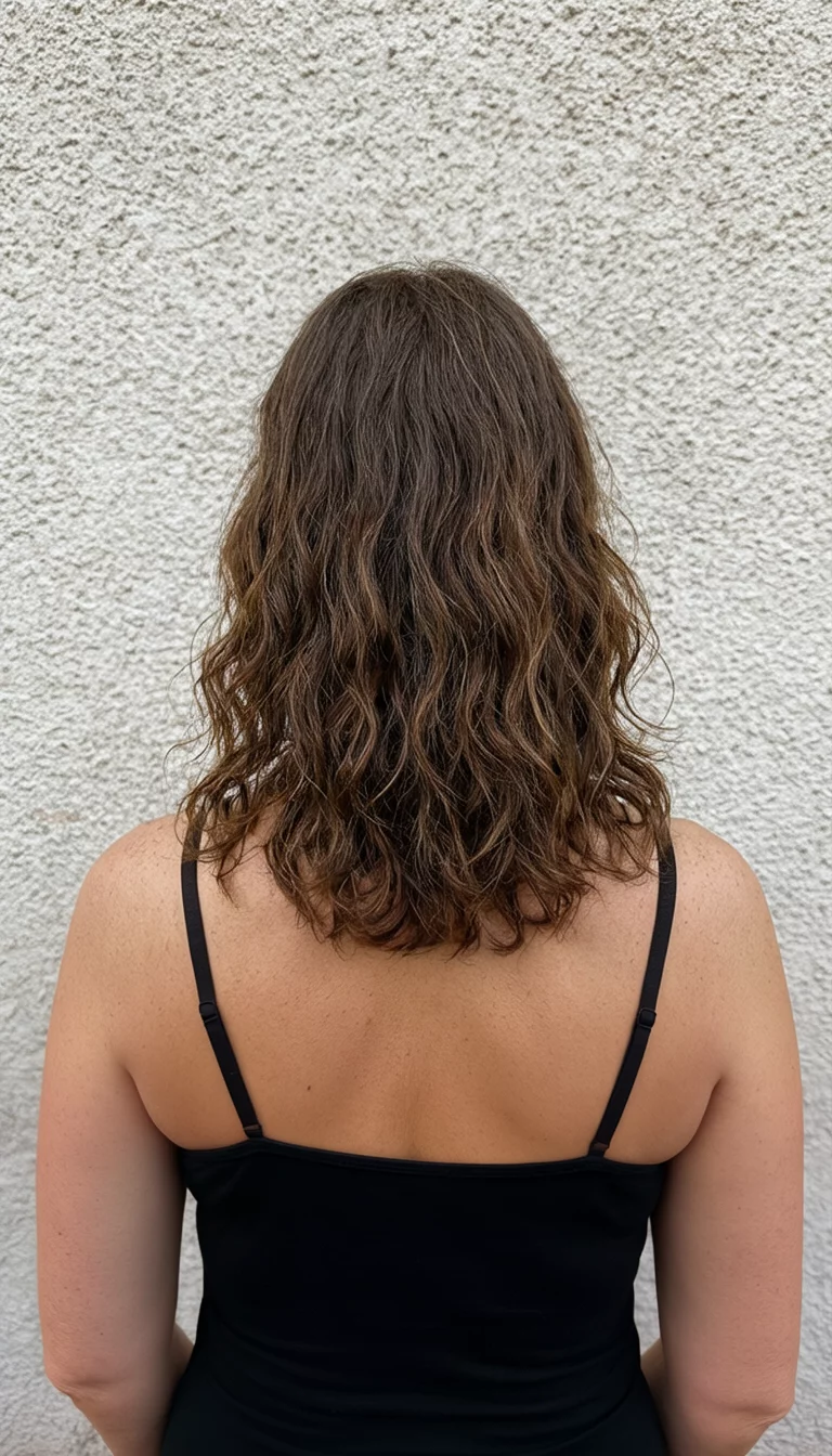 Espresso Bean With Texture casual photo of a 42-year-old woman wearing a black camisole top with a wavy brown colored wavy brown hair hairstyle, back view, lightly textured wall background