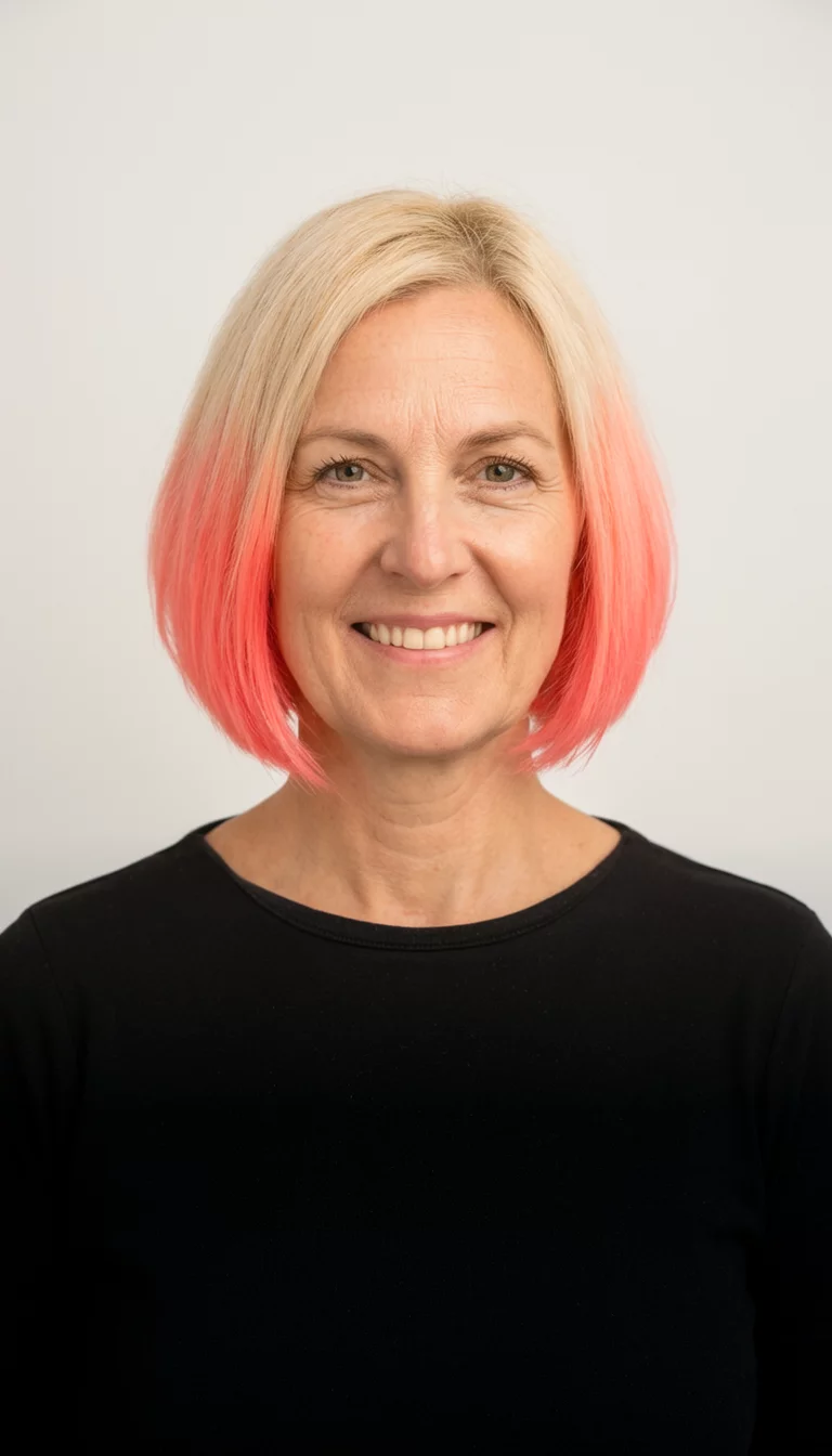 Sun Kissed Coral And Vanilla casual photo of a 45-year-old woman wearing a black top with a blonde and coral colored blonde bob and coral ombre hairstyle, front view, simple studio background