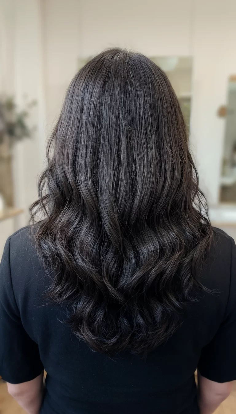 Ash Mocha Shadow casual photo of a 44-year-old woman wearing a black garment with a dark ash brown colored long wavy dark ash brown hair hairstyle, back view, indoor background