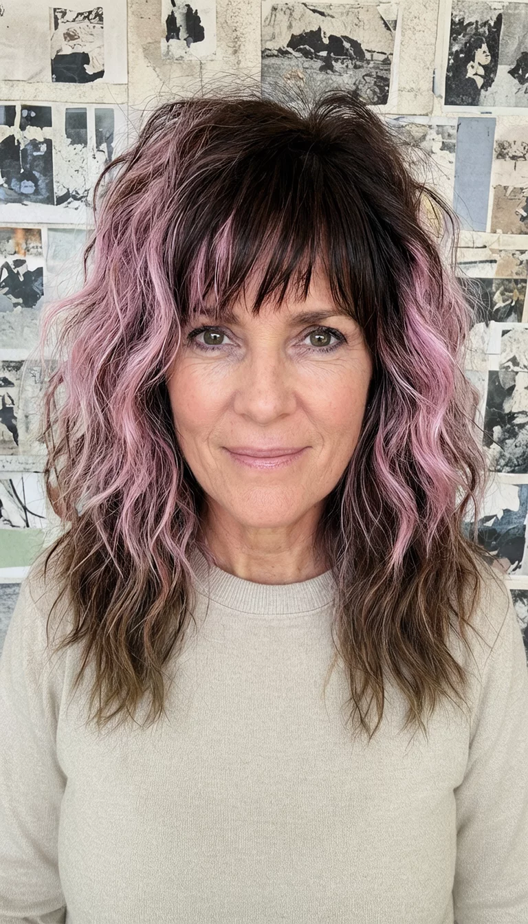 Modern Texture Trio casual photo of a 46-year-old woman wearing a neutral top with a dark brown, pastel pink, and medium brown colored layered, wavy, and shaggy hairstyle, front view, collage background
