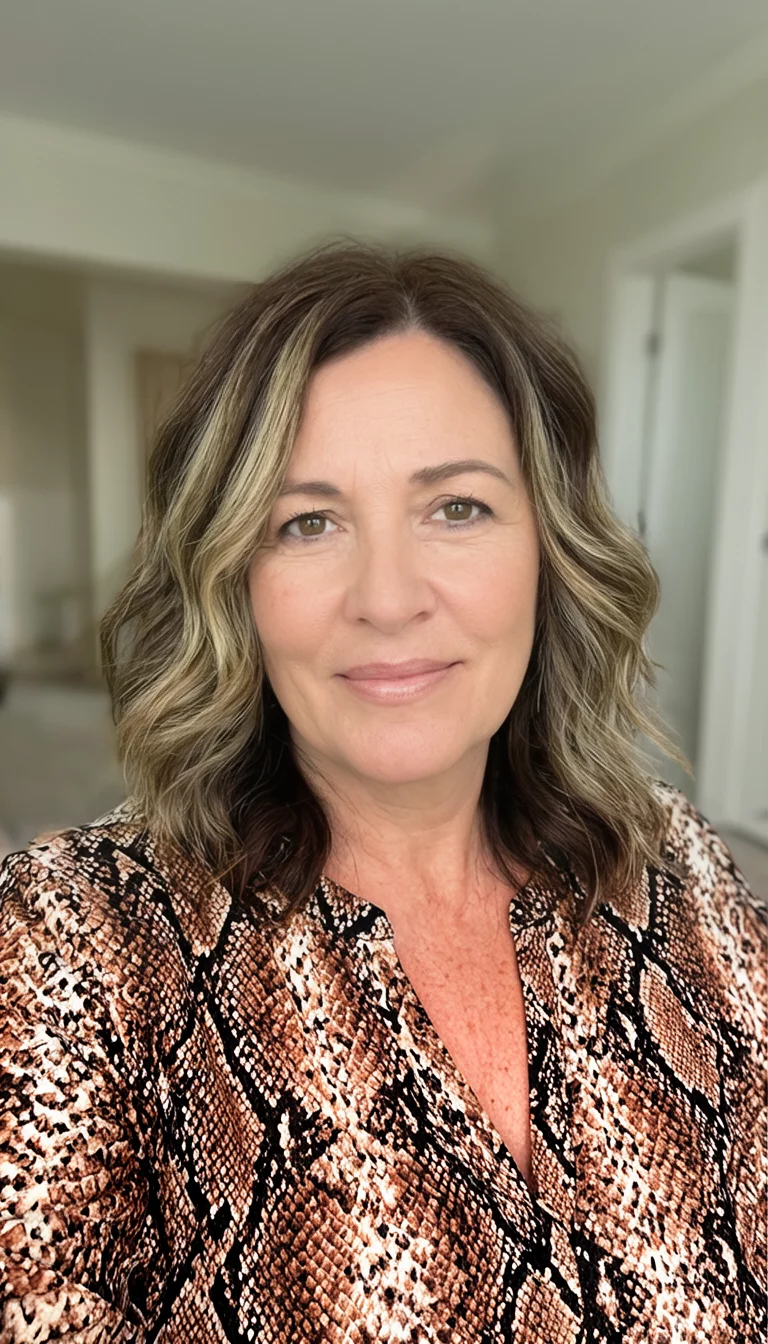 Snakeskin Neutral Balayage selfie of a 43-year-old woman wearing a snakeskin print top with a brown and blonde highlights colored medium length wavy brown hair hairstyle, front view, indoor background