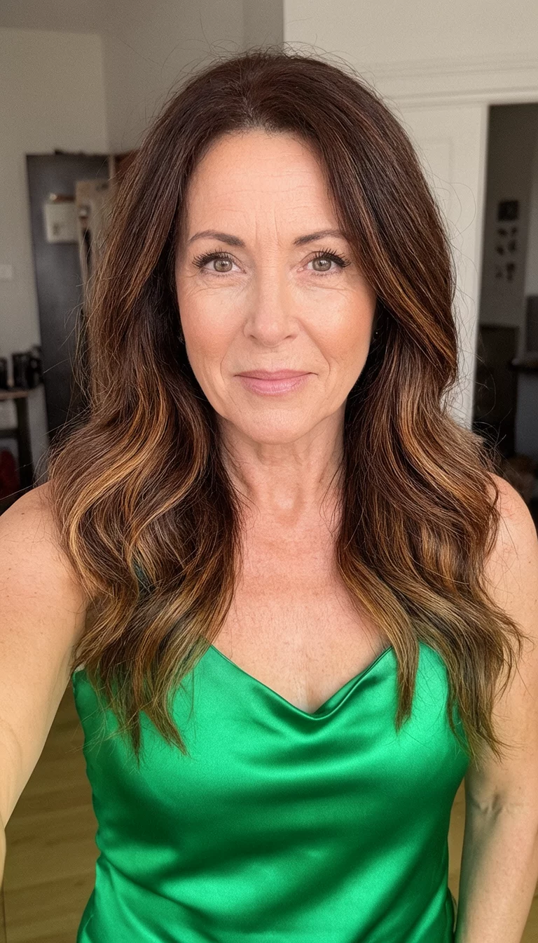 Caramel Satin Flow selfie of a 44-year-old woman wearing a green satin camisole with a brown and caramel highlights colored long wavy brown hair hairstyle, front view, indoor background