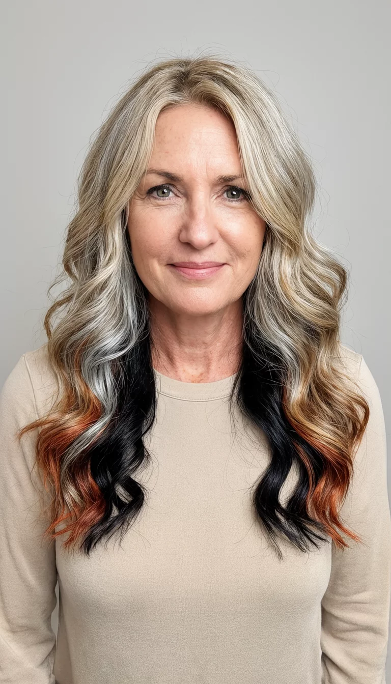 Fiber Optic Swatches casual photo of a 45-year-old woman wearing a neutral top with a blonde, black, copper, silver, and light brown colored wavy hair swatches hairstyle, front view, studio background