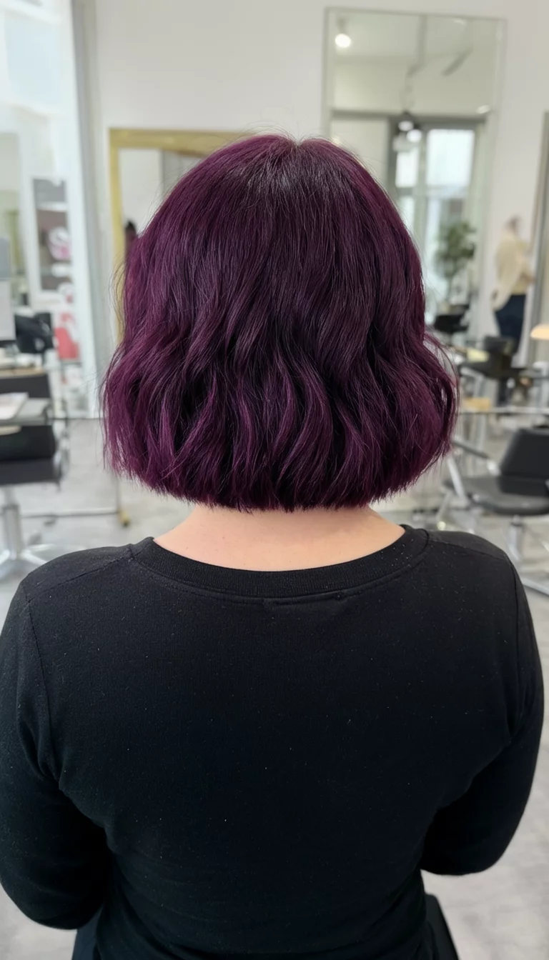 Plum Velvet Blunt Bob casual photo of a 41-year-old woman wearing a black top with a dark plum colored blunt wavy dark plum bob hairstyle, back view, salon background
