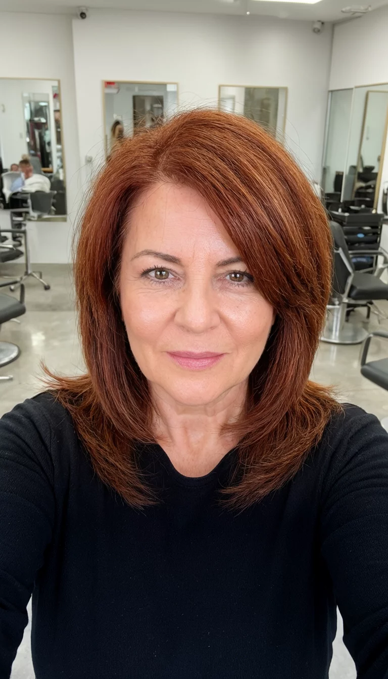 Autumn Auburn Layers selfie of a 44-year-old woman wearing a black top with a auburn colored shoulder length layered auburn hair hairstyle, front view, salon background