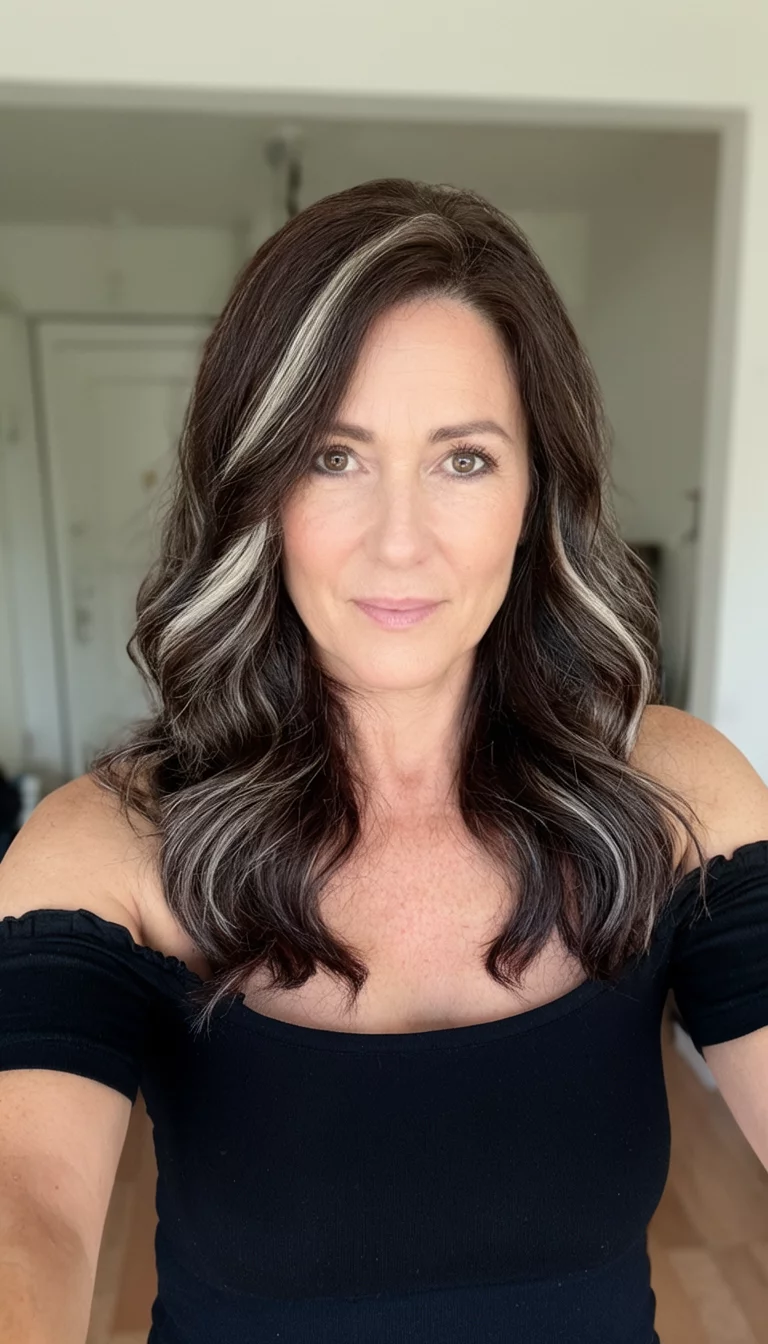 Midnight Mocha Streaks selfie of a 41-year-old woman wearing a black off the shoulder top with a dark brown and soft light streaks colored dark brown wavy hair hairstyle, front view, indoor background