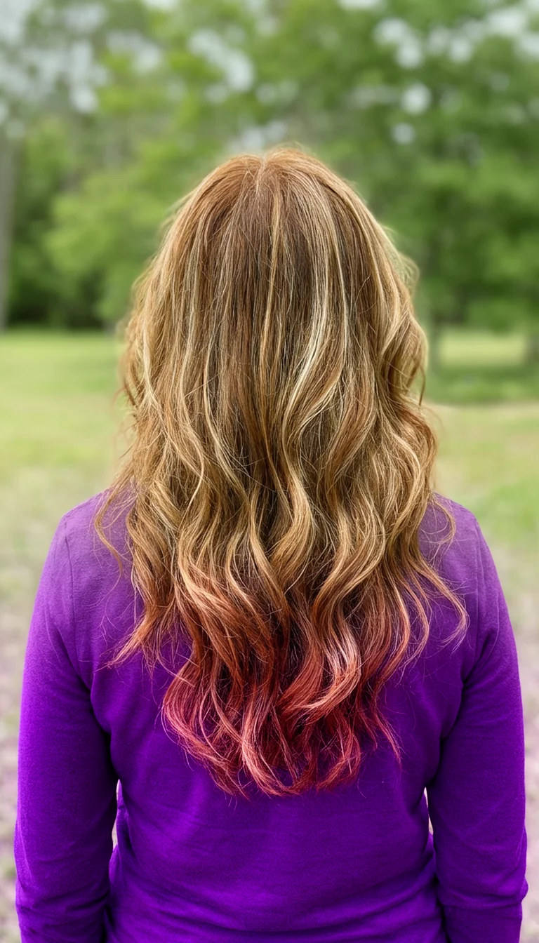 Aged Auburn Sunset casual photo of a 48-year-old woman wearing a purple top with a auburn and light highlights colored long wavy auburn hair hairstyle, back view, outdoor background