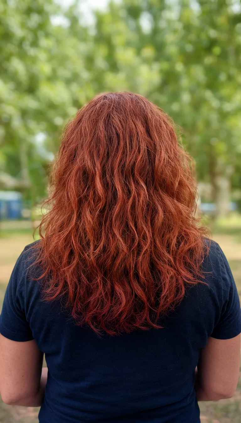 Rustic Red Chestnut casual photo of a 40-year-old woman wearing a dark top with a reddish brown colored wavy reddish brown hair hairstyle, back view, outdoor background