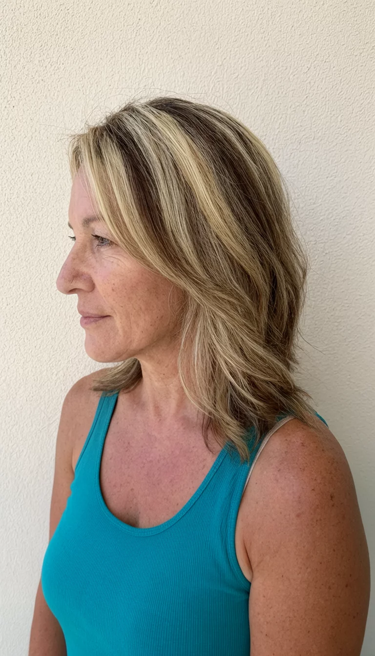 Teel Horizon Balayage casual photo of a 46-year-old woman wearing a teal tank top with a blonde and brown colored blonde and brown balayage hairstyle, side view, simple wall background