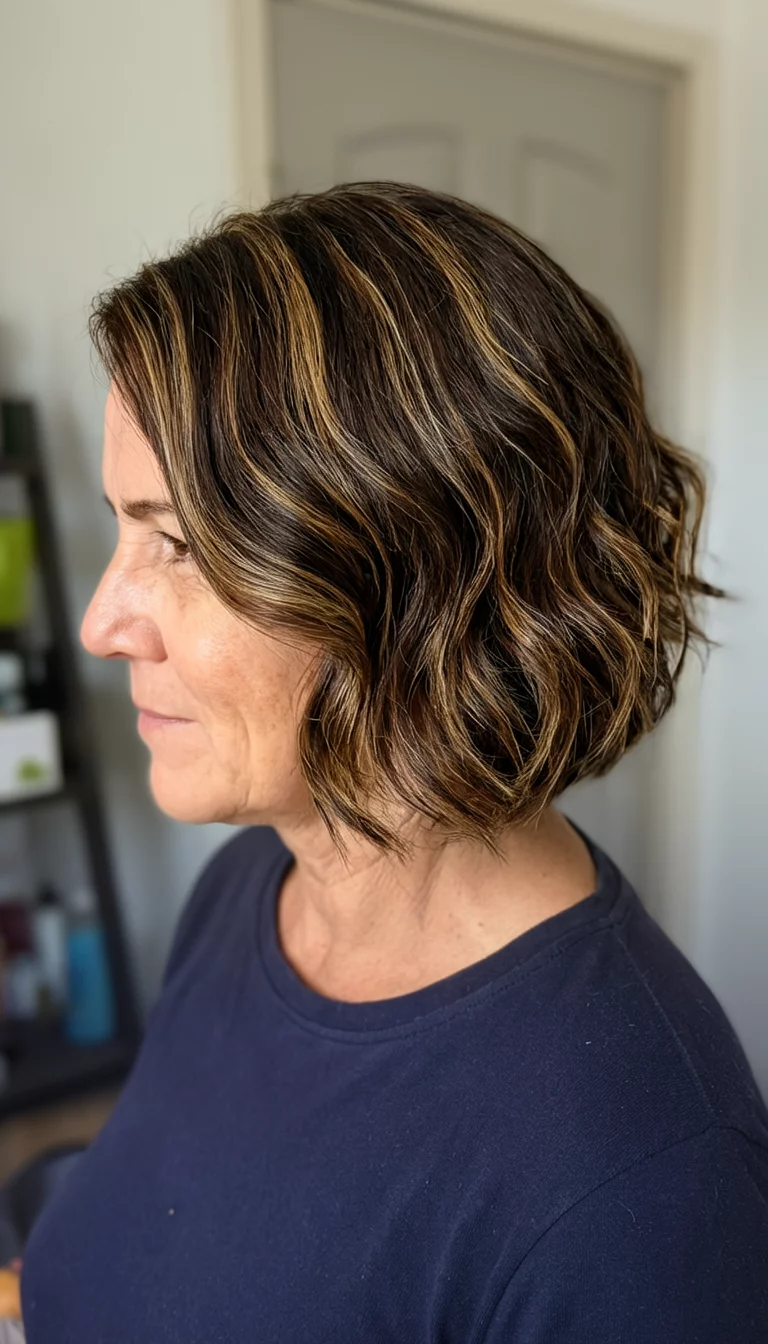 casual photo of a 54-year-old woman wearing a dark top with a dark brown with lighter brown highlights colored wavy bob hairstyle, side view, indoor background