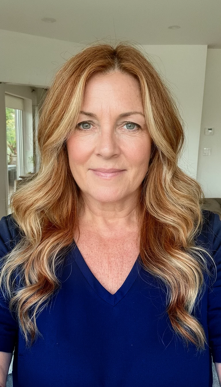 selfie of a 52-year-old woman wearing a navy blue V-neck shirt with a copper with blonde highlights colored long wavy hairstyle, front view, indoor background