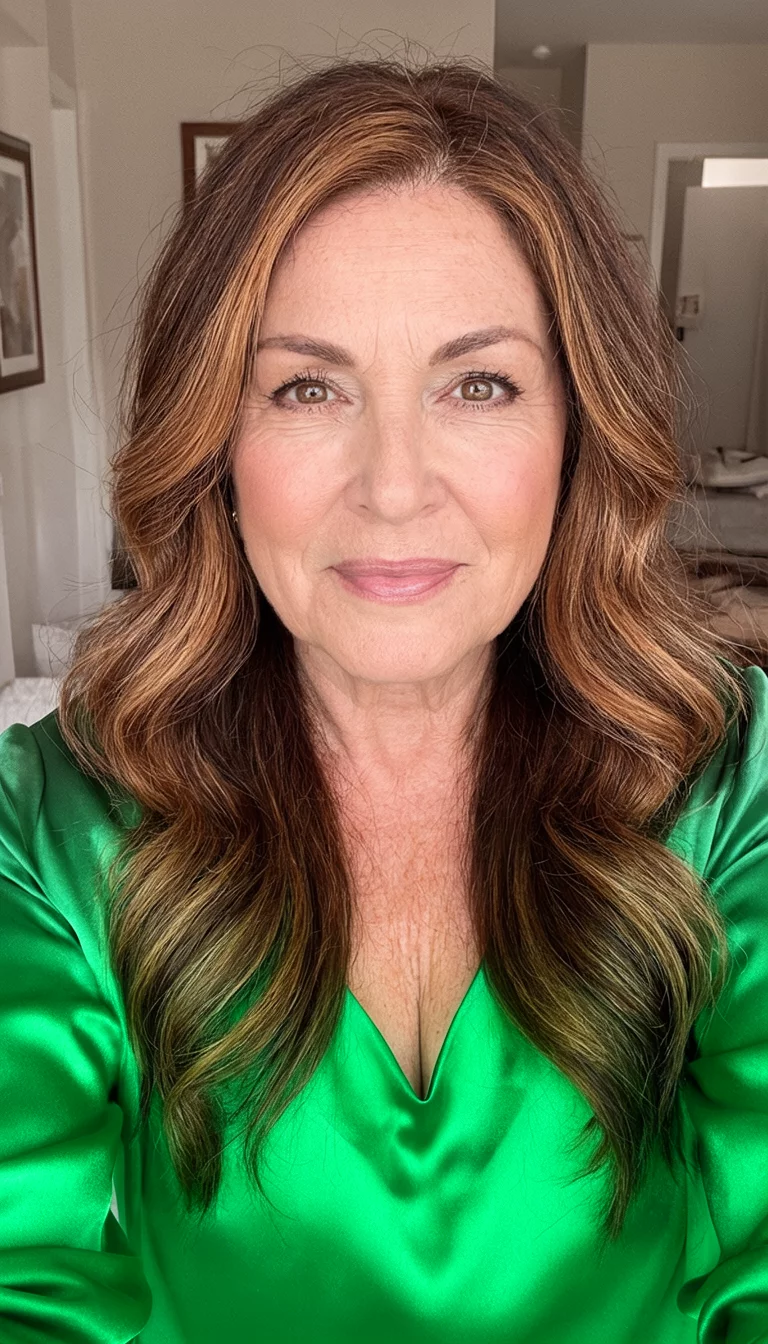 selfie of a 52-year-old woman wearing a green satin top with a brown with caramel highlights colored long wavy hairstyle, front view, indoor setting